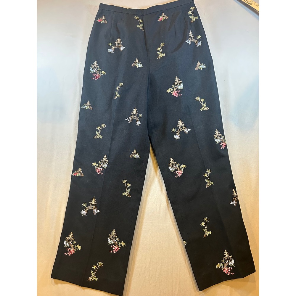 Talbots Black Silk Cotton Embroidered Pagoda Palm Tree Trousers Pants Womens 4